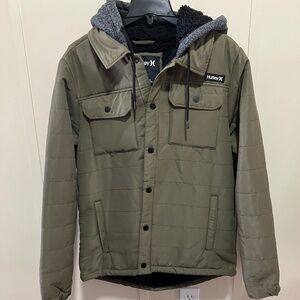 Hurley Sherpa-Lined Quilted Hooded Jacket Olive Green (M)